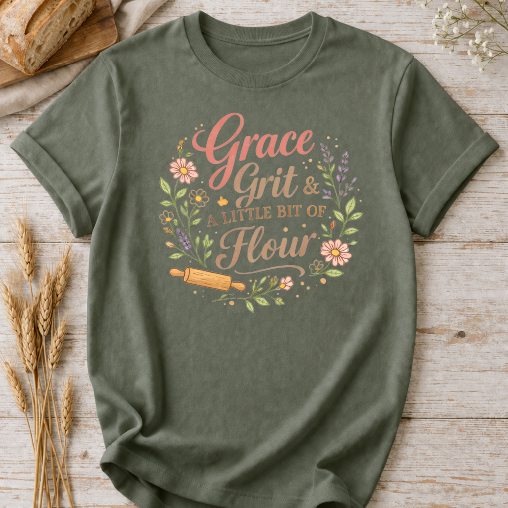 Grace, Grit, and a Little Bit of Flour Christian Baking T- shirt