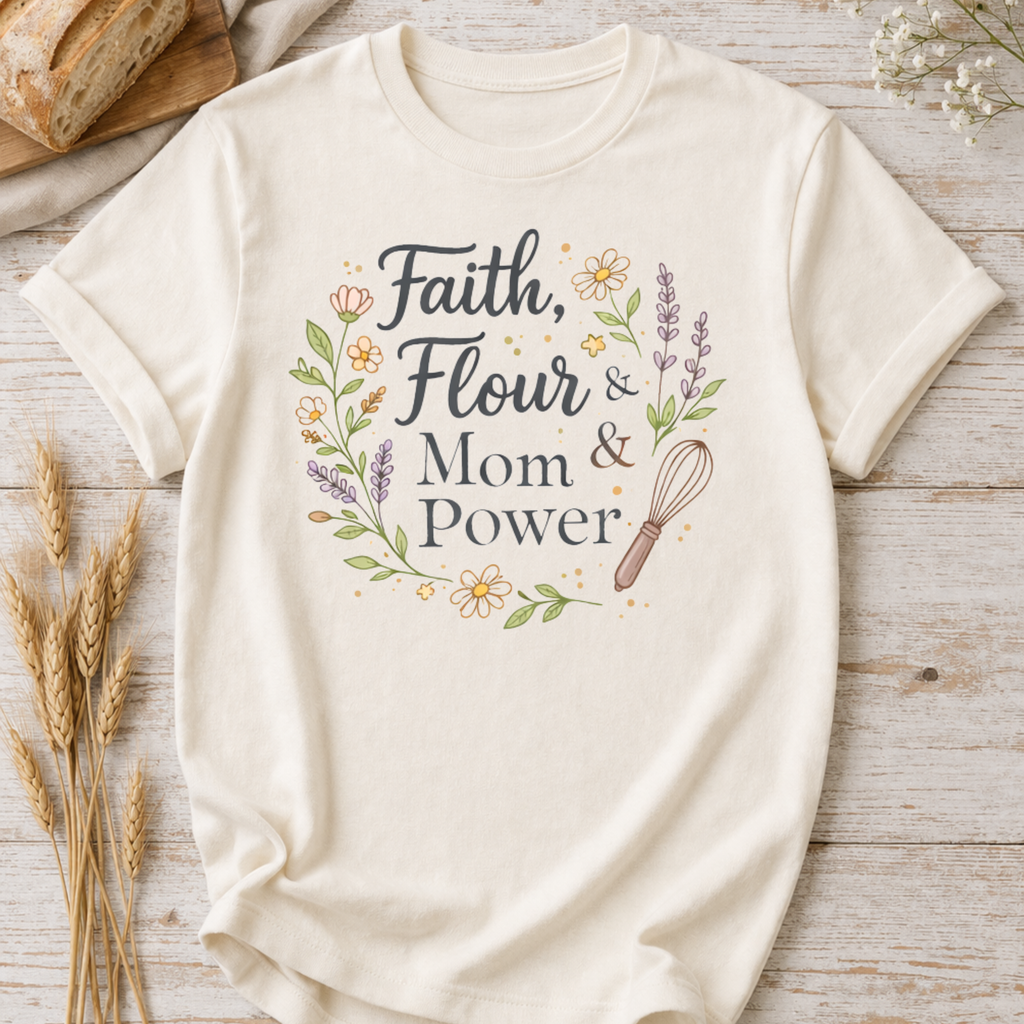 Faith, Flour, and Mom Power Baking T-shirt