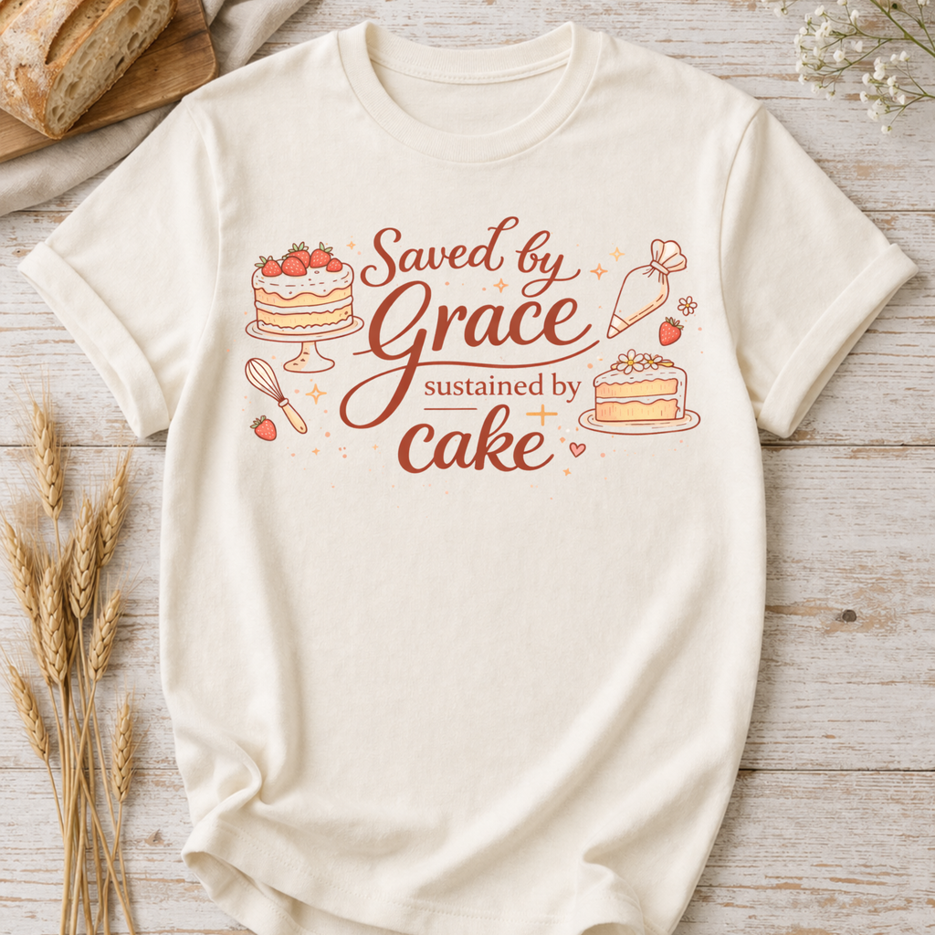Saved by Grace, Sustained by Cake T-Shirt — Funny Christian Baking Tee