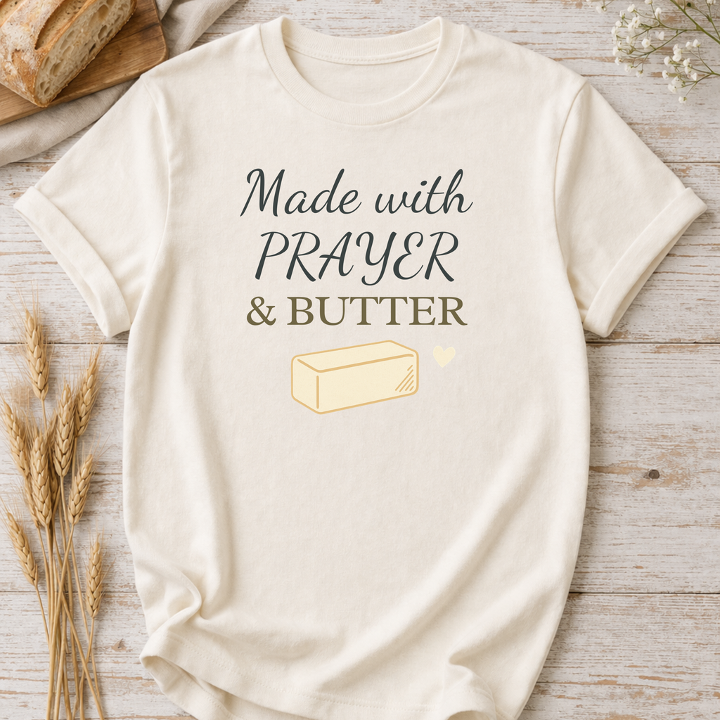 Christian Baking T-Shirt — "Made with Prayer and Butter"