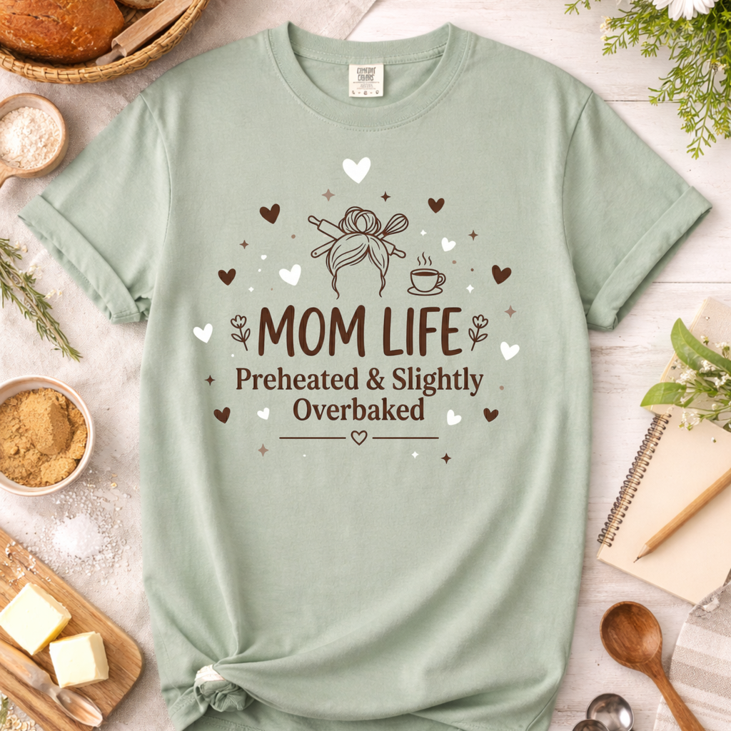Mom Life Funny Baking T-Shirt — "Preheated and Slightly Overbaked"