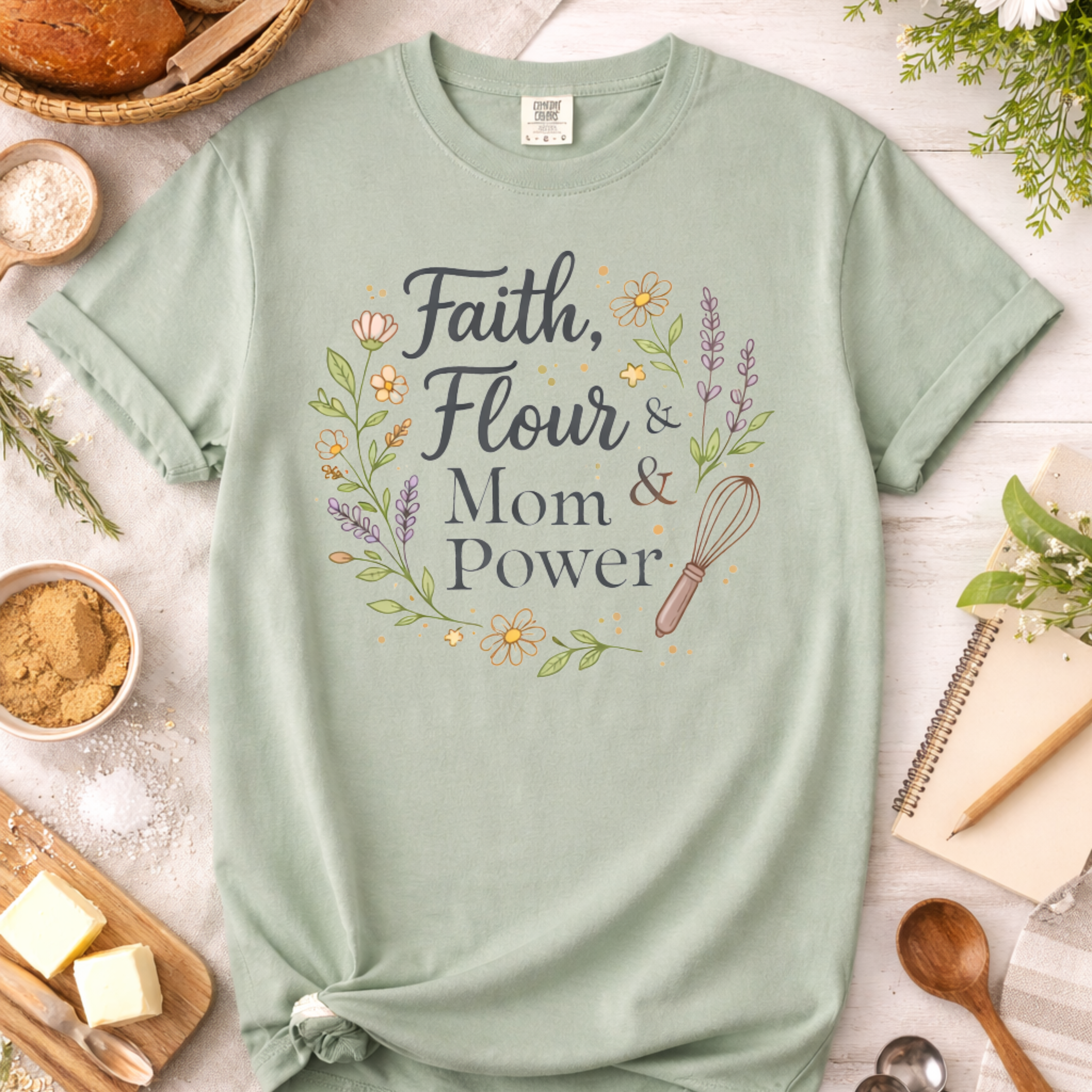 Faith, Flour, and Mom Power Baking T-shirt