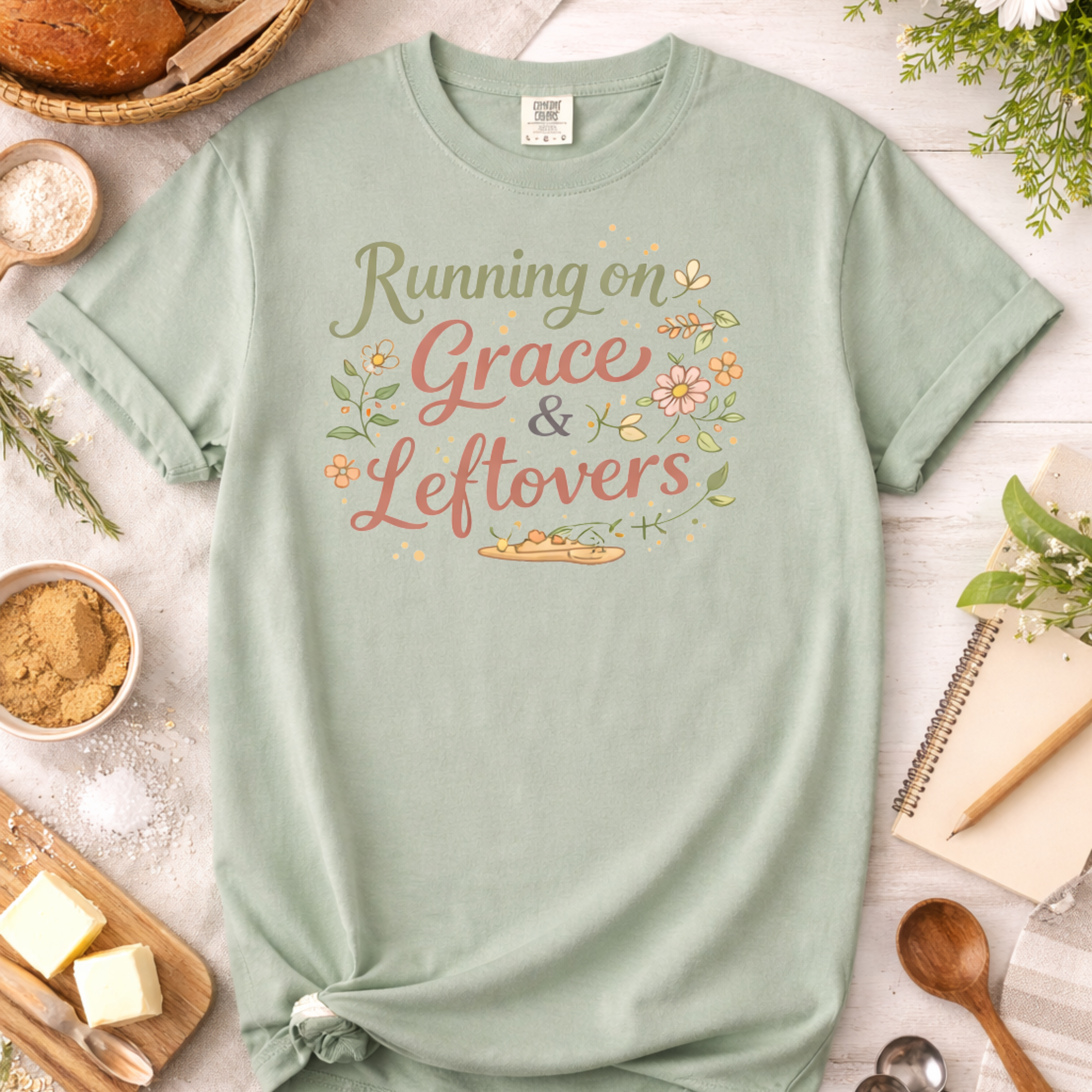 Christian Baking T-Shirt — "Running on Grace and Leftovers"