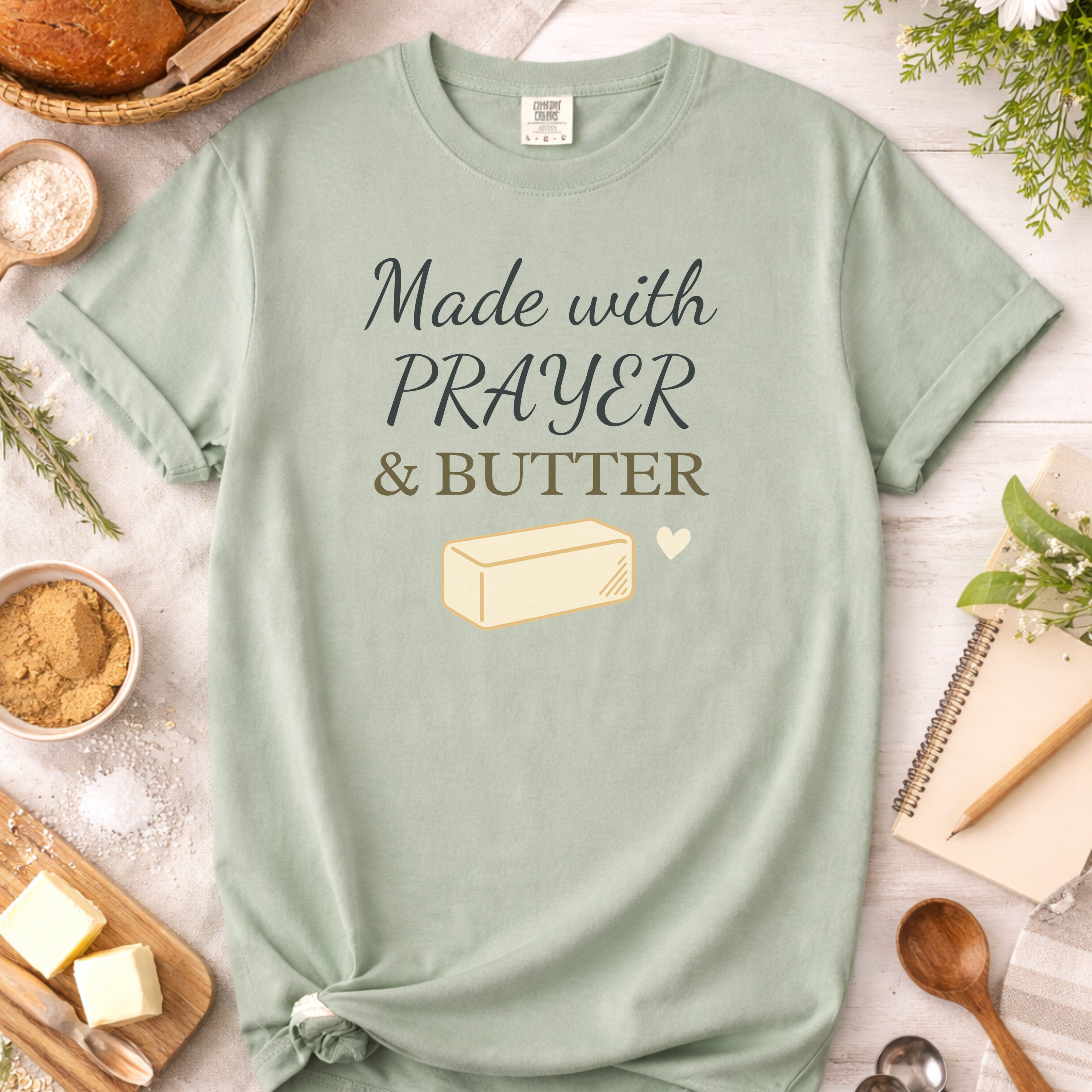 Christian Baking T-Shirt — "Made with Prayer and Butter"