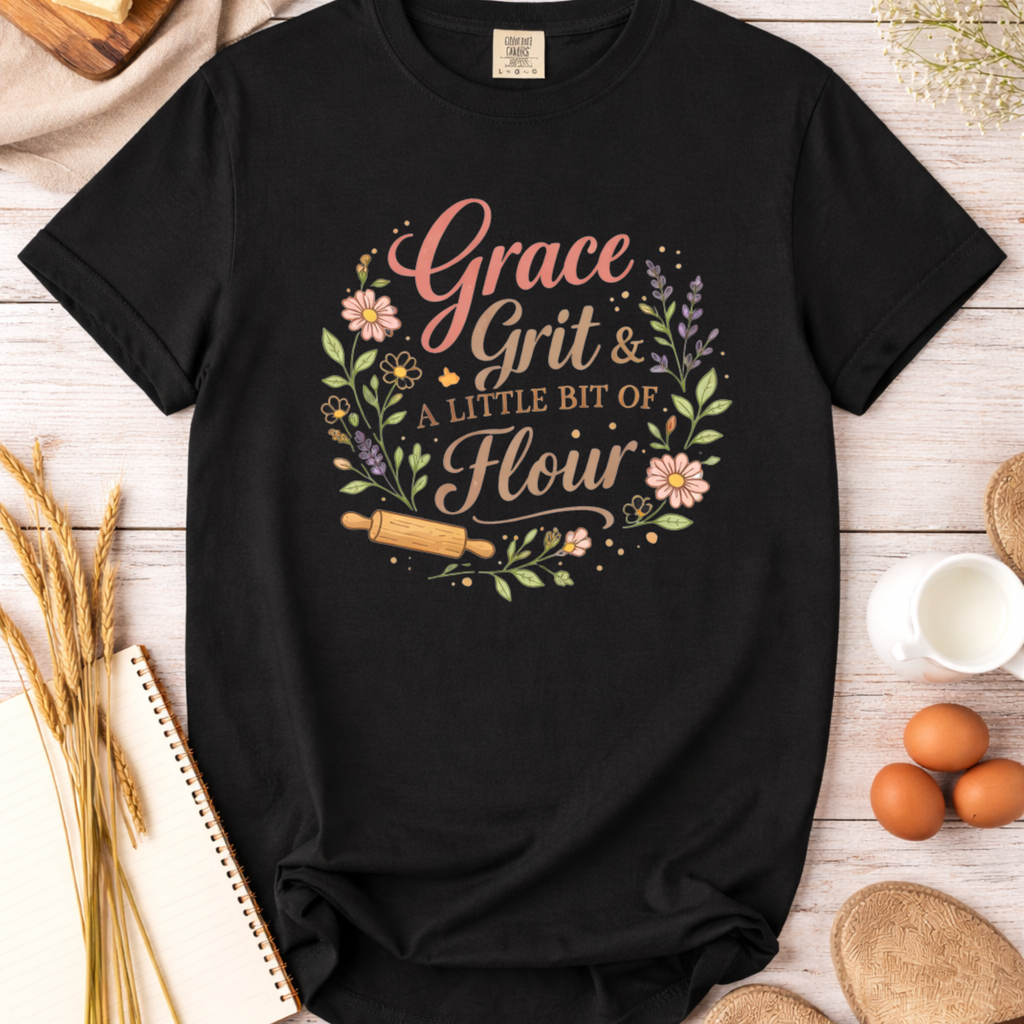 Grace, Grit, and a Little Bit of Flour Christian Baking T- shirt