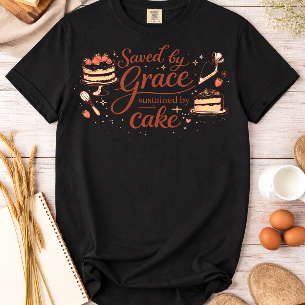 Saved by Grace, Sustained by Cake T-Shirt — Funny Christian Baking Tee