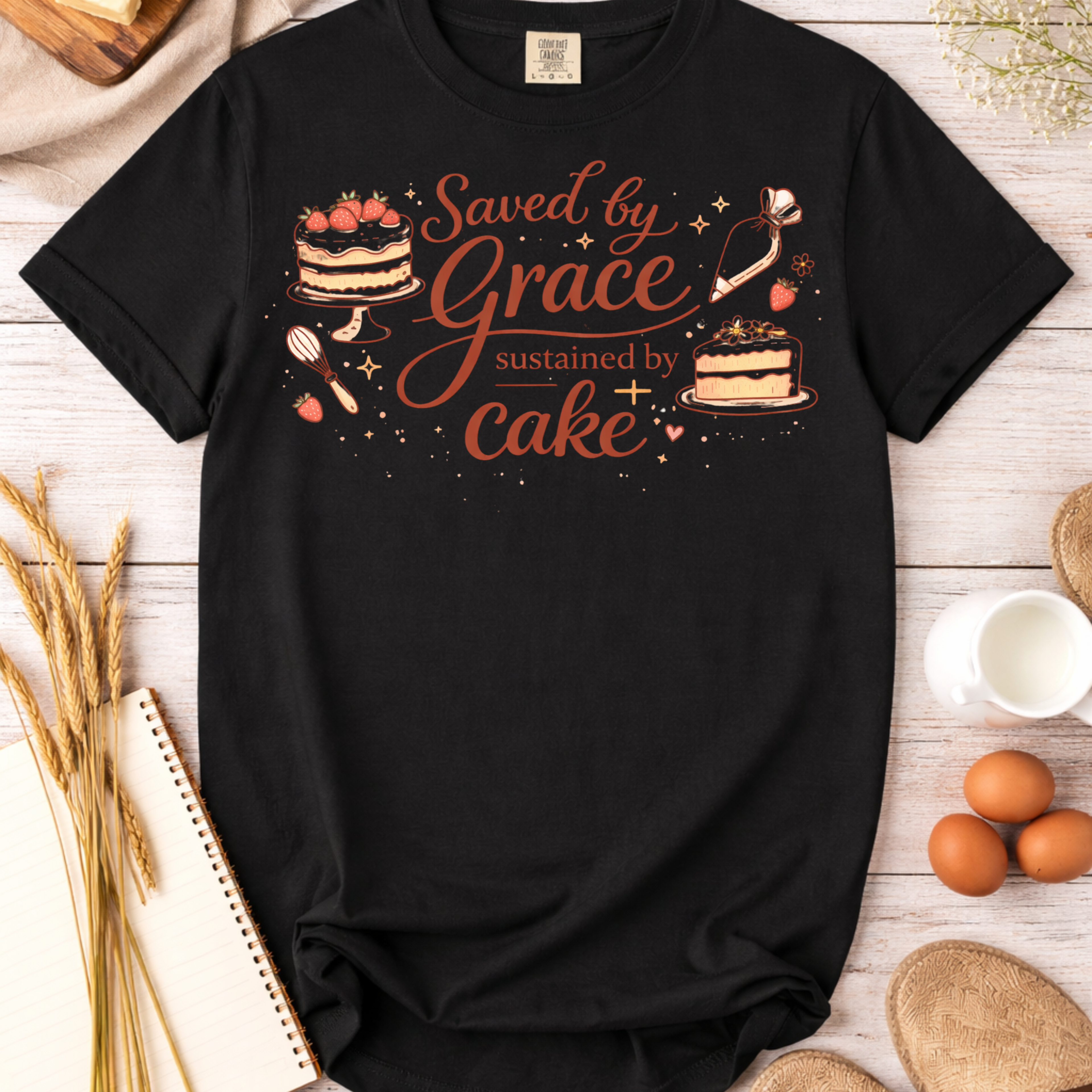 Saved by Grace, Sustained by Cake T-Shirt — Funny Christian Baking Tee