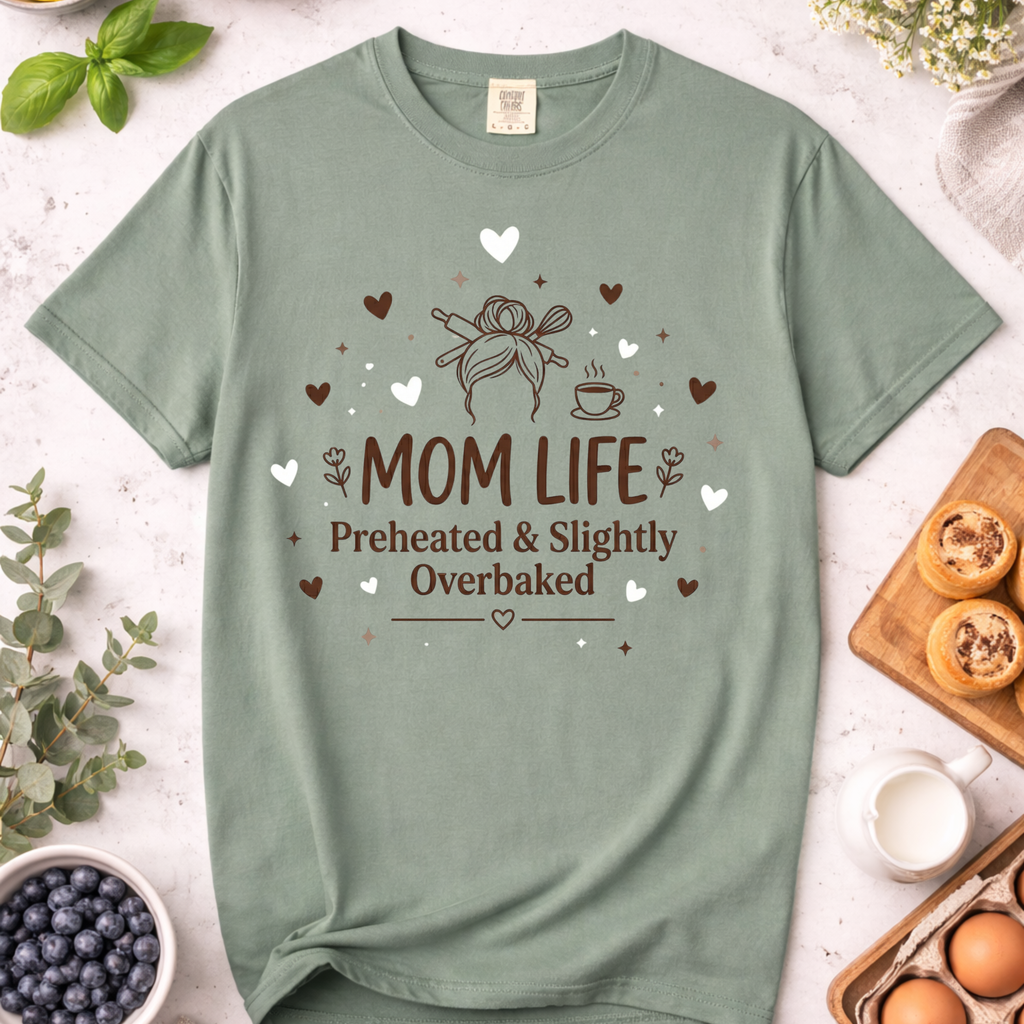 Mom Life Funny Baking T-Shirt — "Preheated and Slightly Overbaked"
