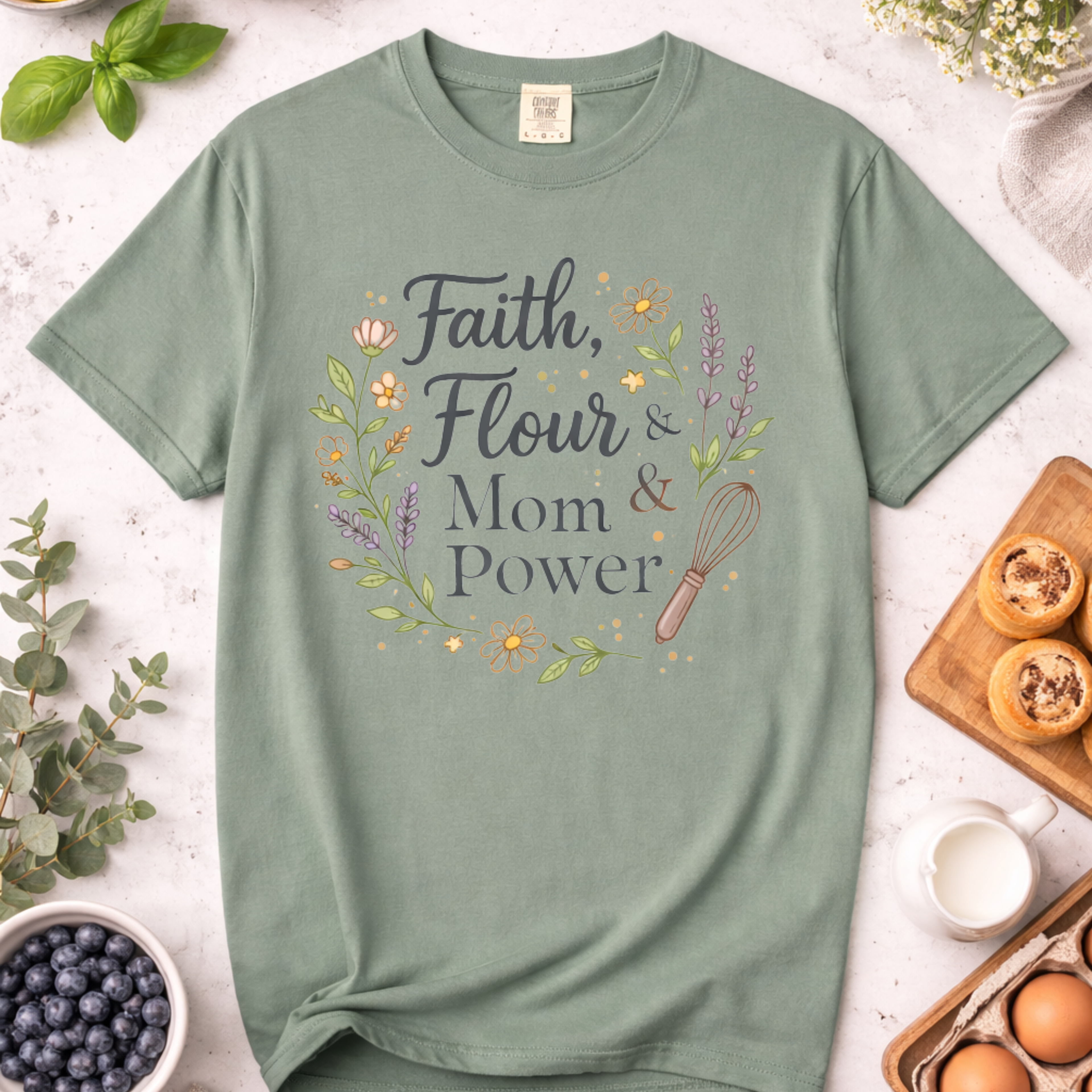 Faith, Flour, and Mom Power Baking T-shirt