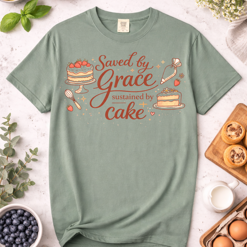 Saved by Grace, Sustained by Cake T-Shirt — Funny Christian Baking Tee
