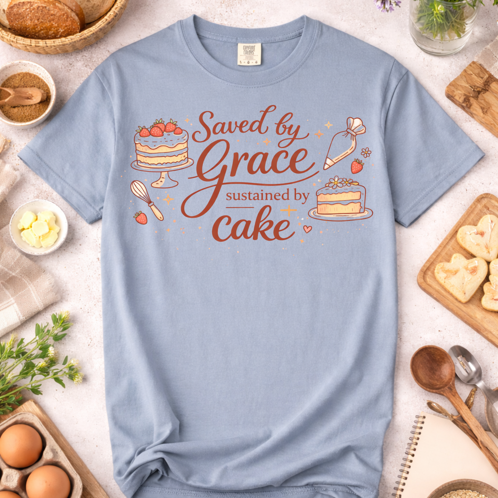 Saved by Grace, Sustained by Cake T-Shirt — Funny Christian Baking Tee