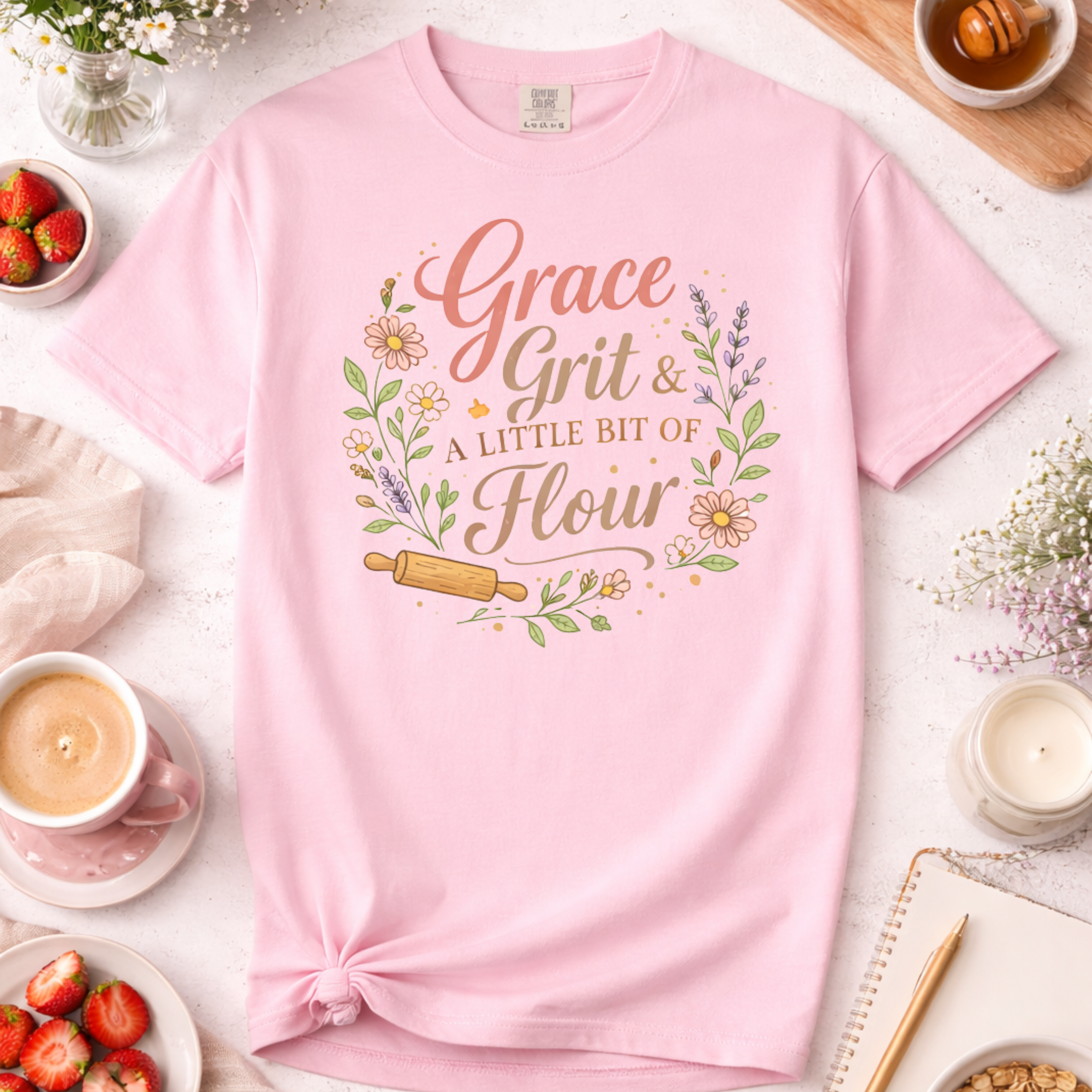 Grace, Grit, and a Little Bit of Flour Christian Baking T- shirt