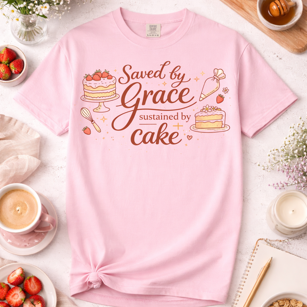 Saved by Grace, Sustained by Cake T-Shirt — Funny Christian Baking Tee