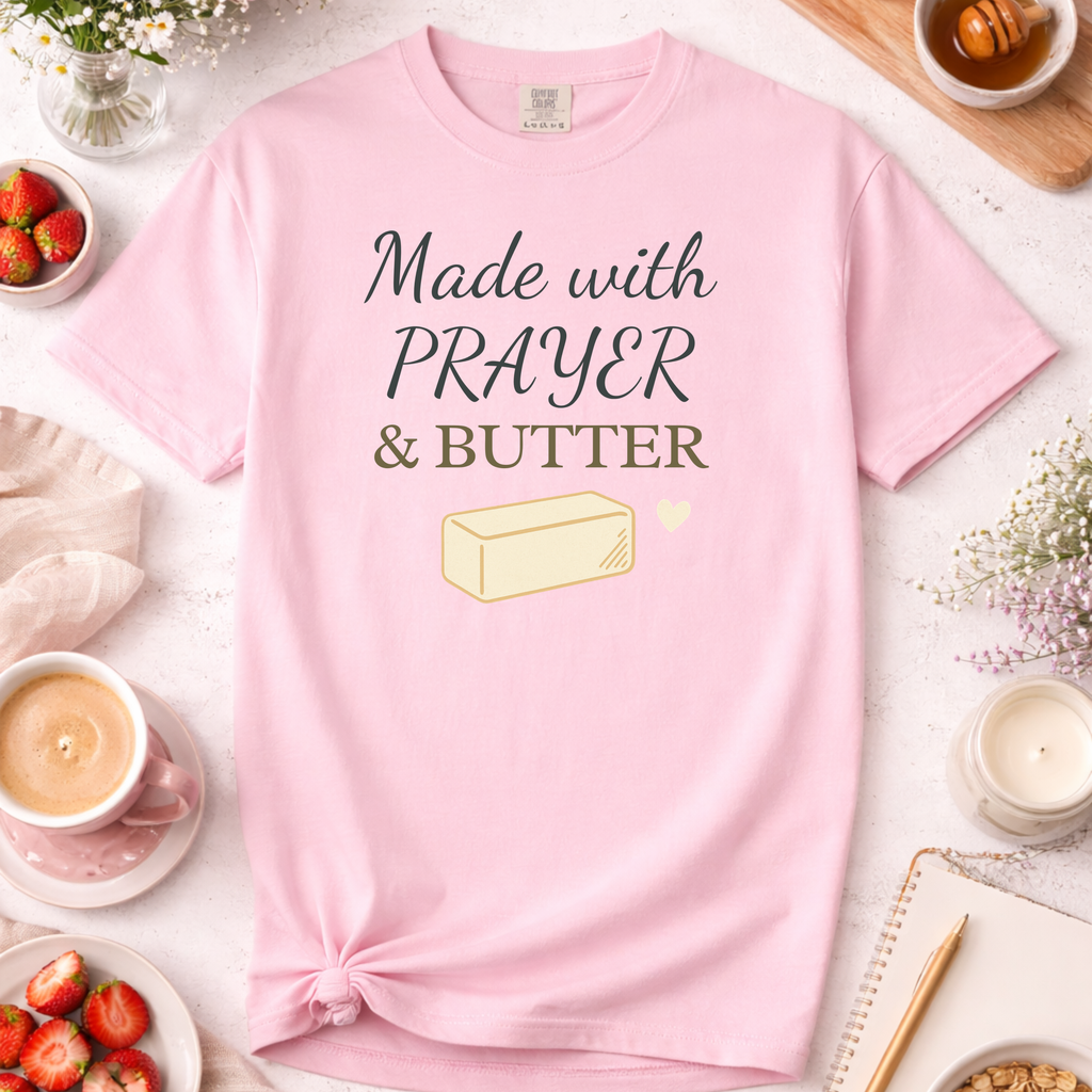 Christian Baking T-Shirt — "Made with Prayer and Butter"