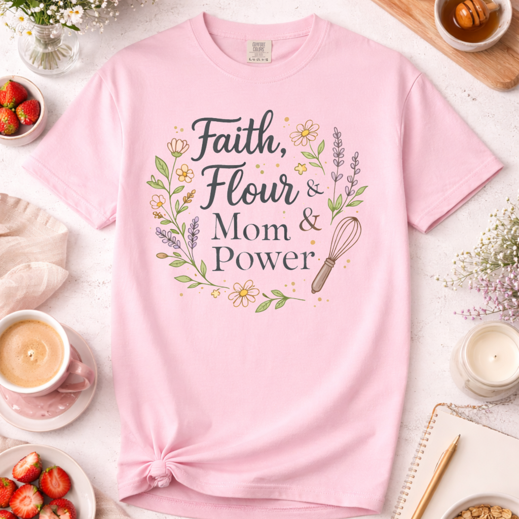 Faith, Flour, and Mom Power Baking T-shirt