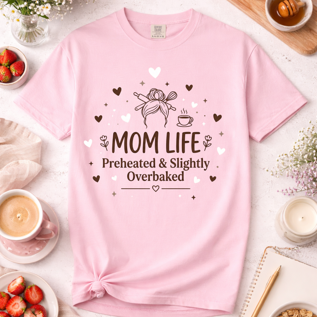 Mom Life Funny Baking T-Shirt — "Preheated and Slightly Overbaked"