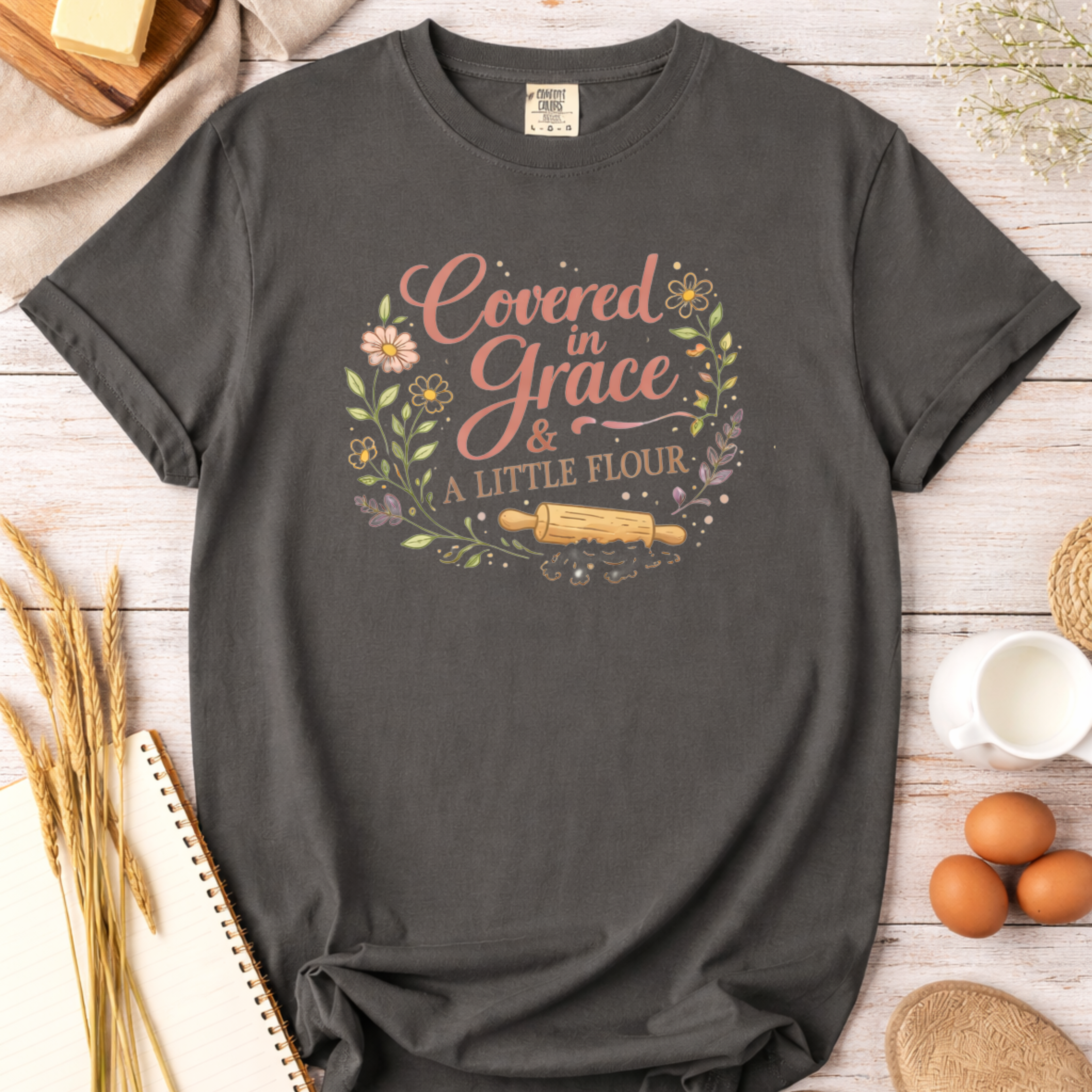 Covered in Grace and a Little Flour Christian Baking T-Shirt