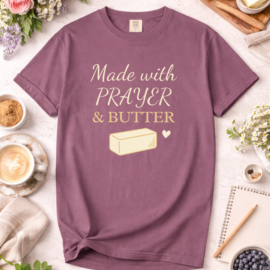 Christian Baking T-Shirt — "Made with Prayer and Butter"